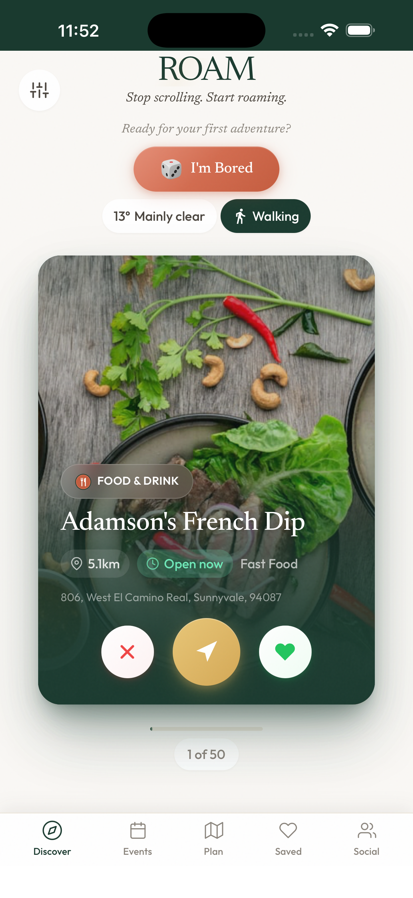 ROAM swipe card showing Adamson's French Dip
